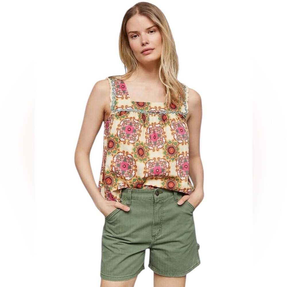Anthropologie Let Me Be Cotton Abstract Ruffled Tank Top Size 8 - Picture 11 of 11